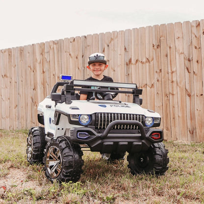 Kids Ride-On Car 12V RC 2-Seater Police Truck Electric Car For Kids with Full LED Lights, MP3, Parental Remote Control (White)