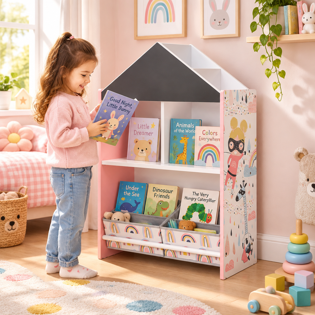 Kids House-Shaped Bookcase & Toy Organizer with Fabric Storage Bins Multi Market World Inc.