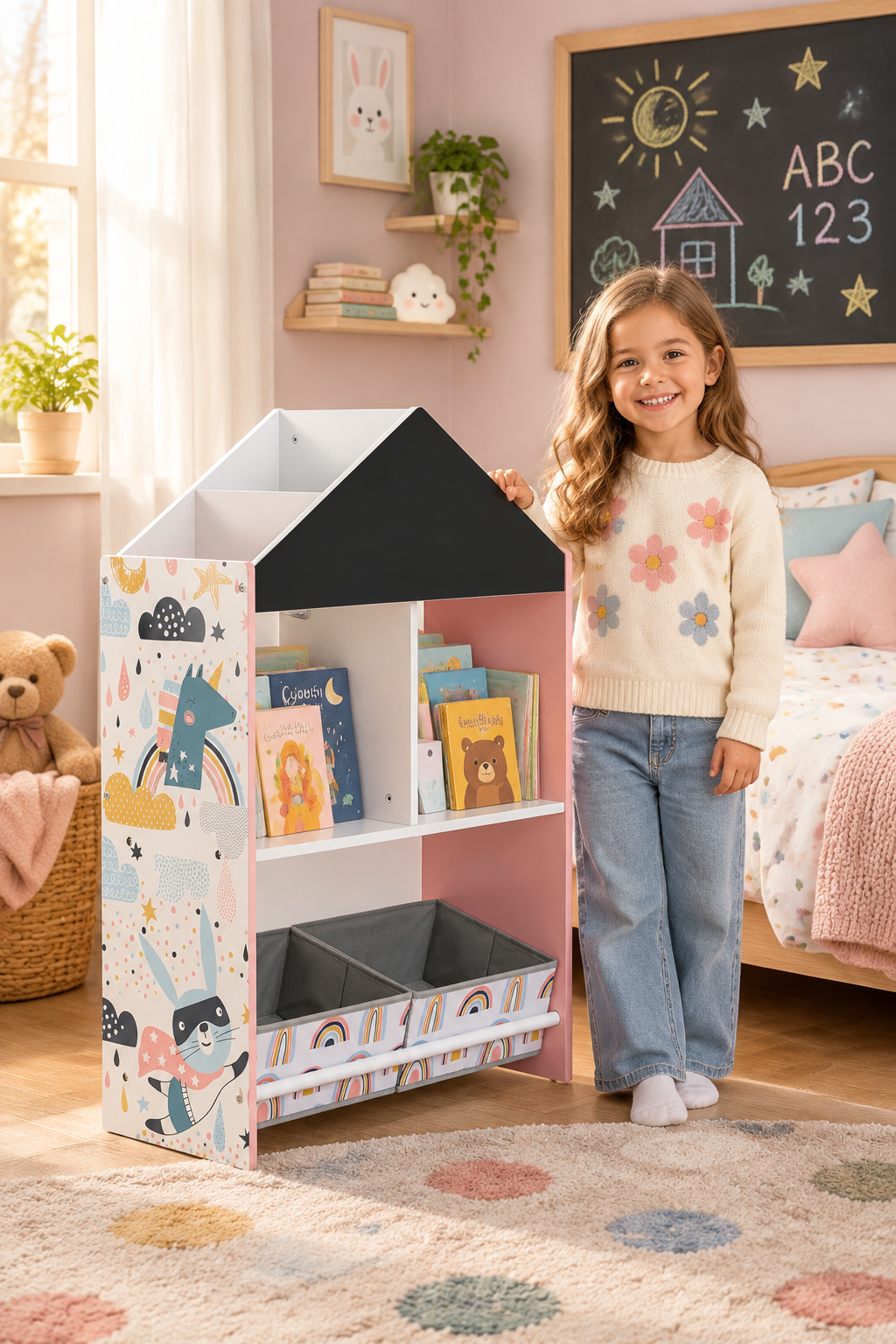Kids House-Shaped Bookcase & Toy Organizer with Fabric Storage Bins Multi Market World Inc.