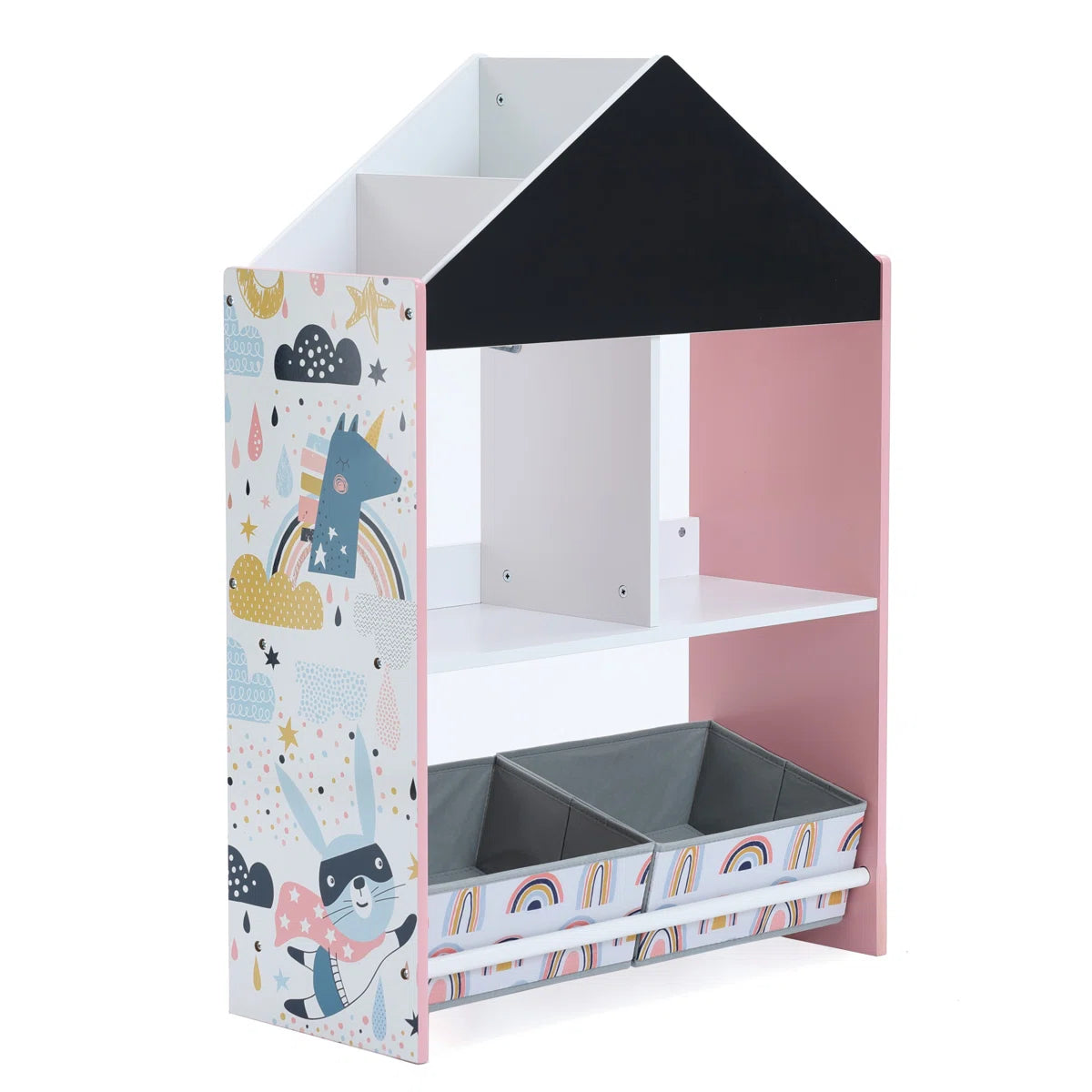 Kids House-Shaped Bookcase & Toy Organizer with Fabric Storage Bins Multi Market World Inc.