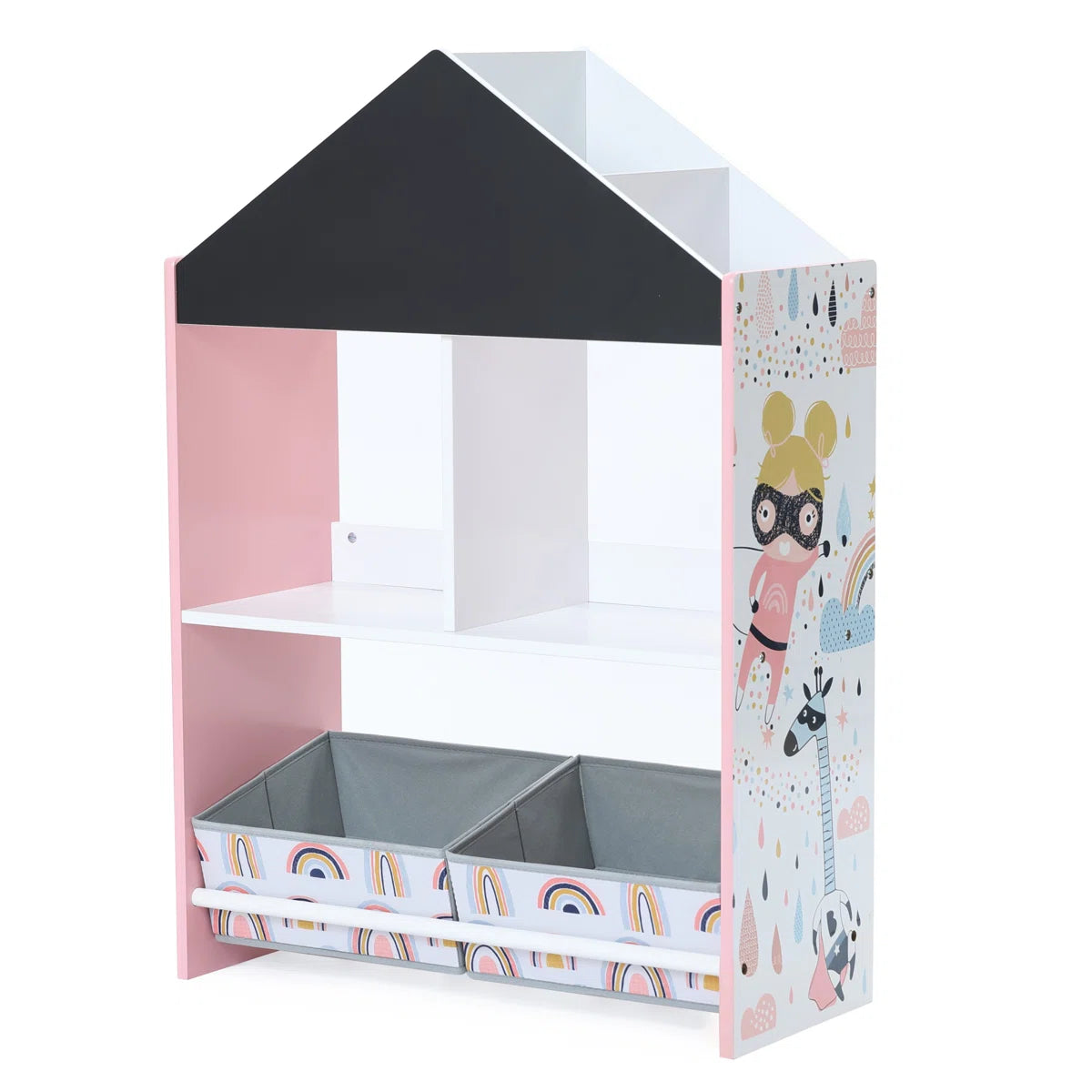 Kids House-Shaped Bookcase & Toy Organizer with Fabric Storage Bins Multi Market World Inc.