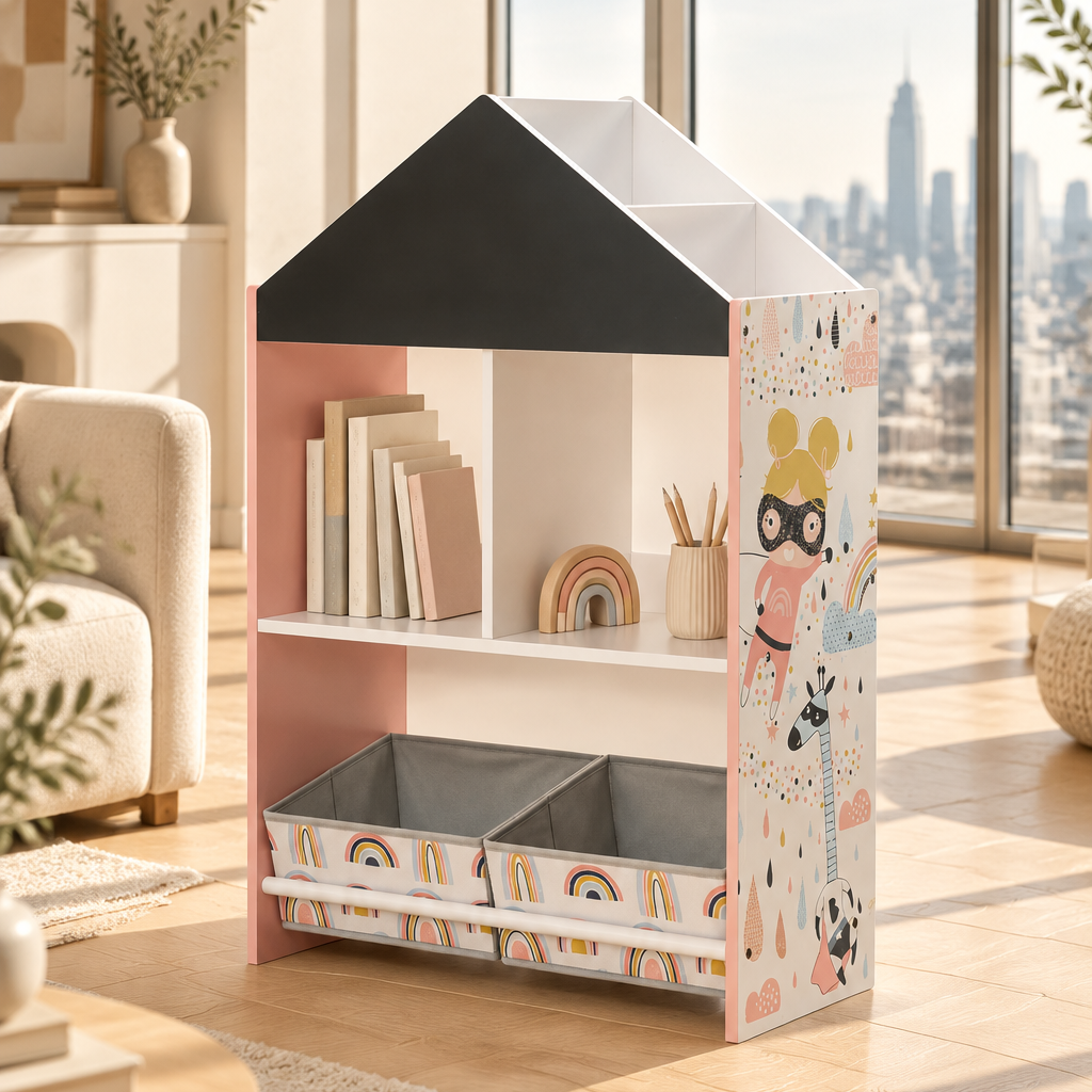Kids House-Shaped Bookcase & Toy Organizer with Fabric Storage Bins Multi Market World Inc.
