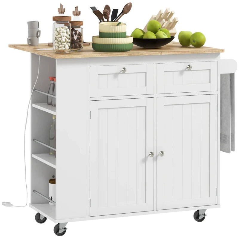 Kitchen Island with Power Outlet and Drop Leaf, Rolling Kitchen Cart with 2 Drawers and Adjustable Shelves, White Multi Market World Inc.