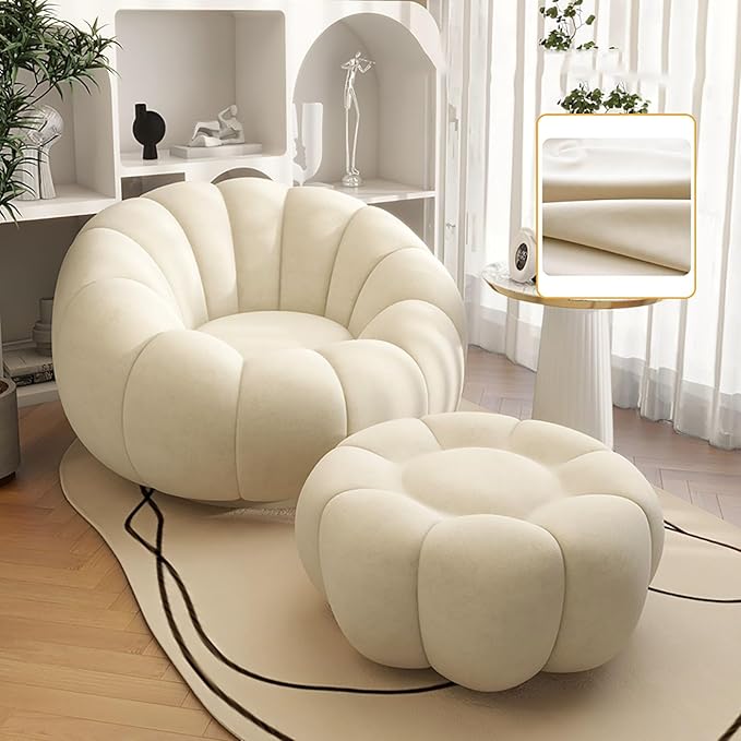 Pumpkin Swivel Accent Chair, Modern Lounge Sofa Round Barrel Chair, Wool Chair with Ottoman