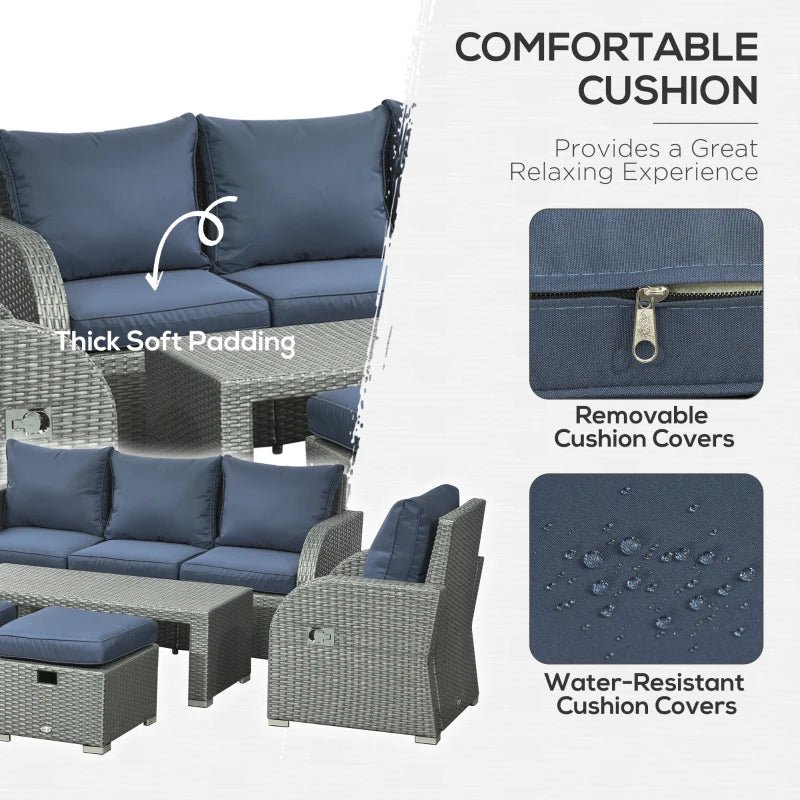 6 Pieces PE Wicker Patio Sectional Furniture Conversation Set w/ a Three-Seat Sofa, 2 Recliner Chairs, 2 Footstools & Table, Dark Blue