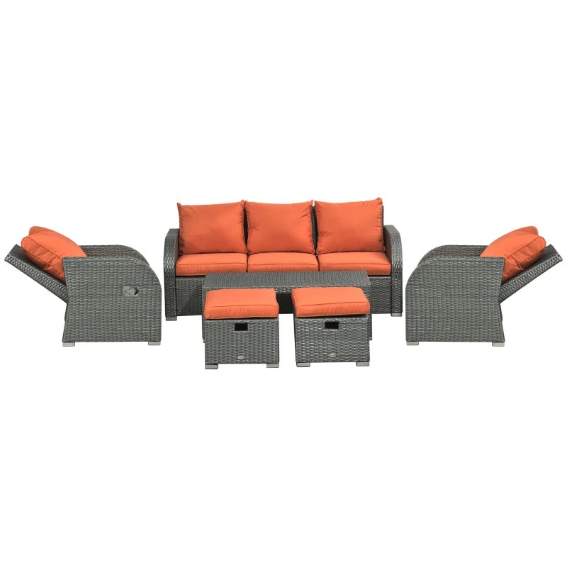 Patio Furniture with Cushions, 6 Pieces PE Wicker Patio Sectional Furniture Conversation Set w/ a Three-Seat Sofa, 2 Recliner Chairs, 2 Footstools & Table, Orange