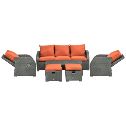Patio Furniture with Cushions, 6 Pieces PE Wicker Patio Sectional Furniture Conversation Set w/ a Three-Seat Sofa, 2 Recliner Chairs, 2 Footstools & Table, Orange