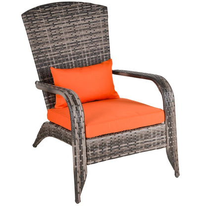 Patio Wicker Adirondack Chair, Outdoor PE Rattan Fire Pit Chair, Muskoka Chair w/ Soft Cushions, Tall Curved Backrest and Comfortable Armrests for Deck or Garden, Orange