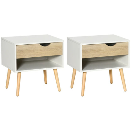 Set of 2 Bedside Table with Drawer and Shelf, Modern Nightstand, End Table for Bedroom, White