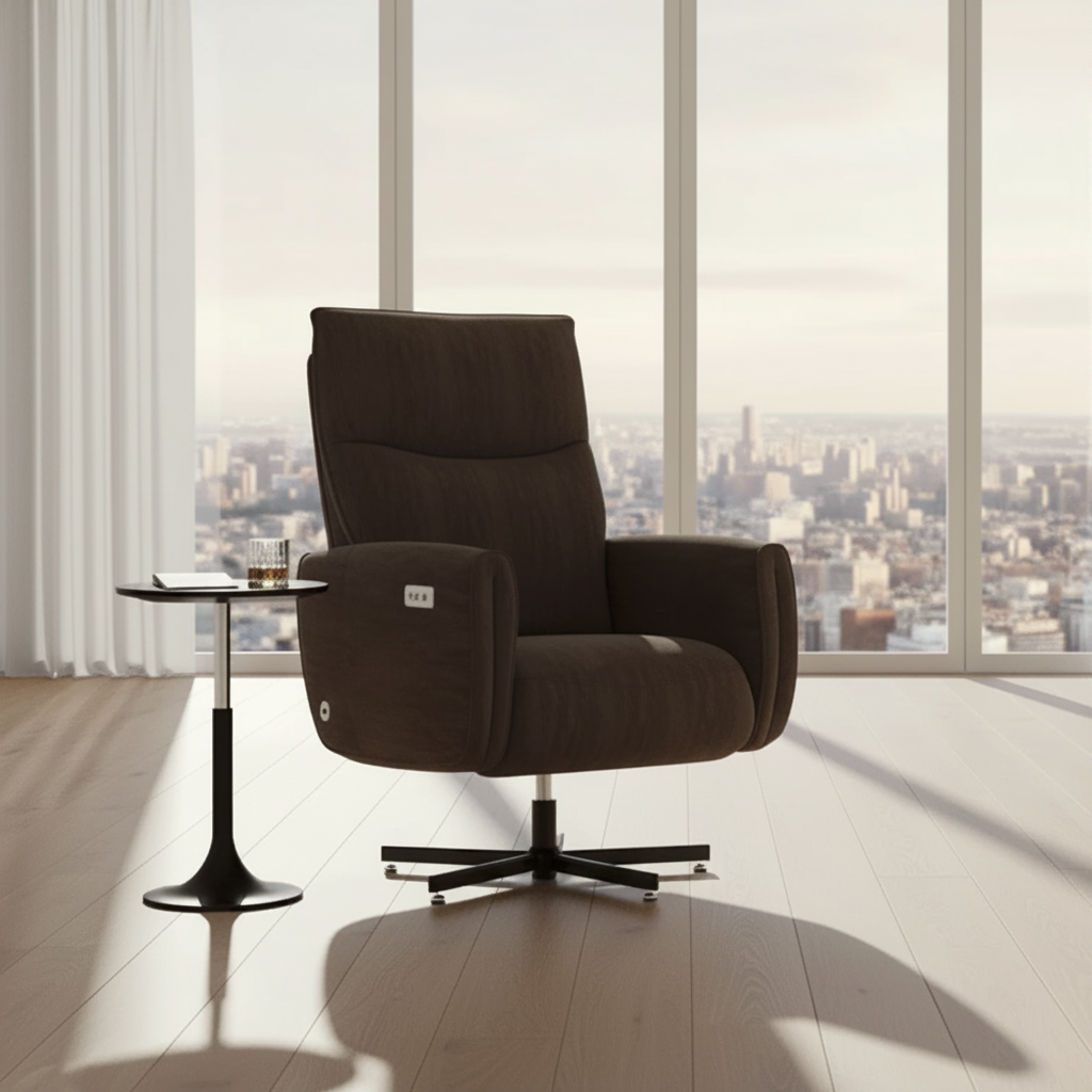 A dark brown fabric swivel recliner chair with a black star base, positioned next to a small black side table in a bright room with a city view through large windows.