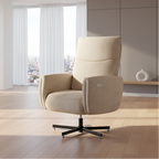 Beige upholstered swivel armchair with a high back, padded armrests, and a black five-star base, shown in a styled living room setting with a side table and bookshelf.