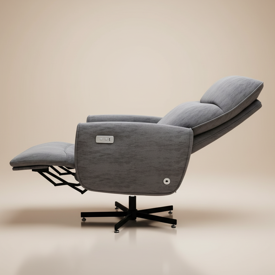 A modern gray fabric recliner chair with an extended footrest, shown on a plain white background. The chair features a black five-star swivel base and a small control panel on the side.