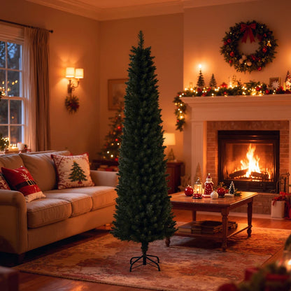 6FT Artificial Christmas Tree Xmas Pencil Tree Holiday Home Indoor Decoration with Foldable Black Stand for Party, Green