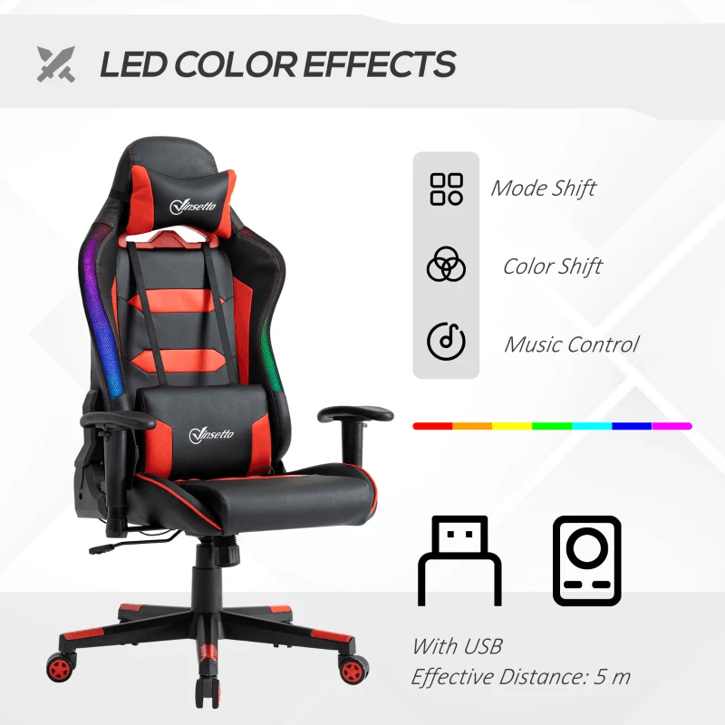 Racing Office Chair with RGB LED Light, Gaming Desk Chair with Lumbar Support, High Back PU Leather Swivel Computer Recliner, Tilt