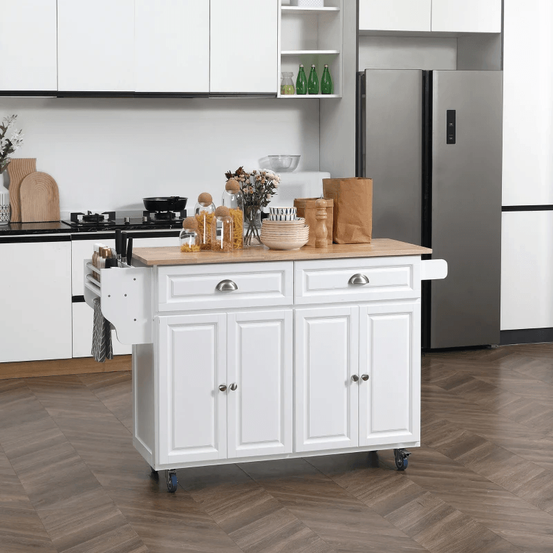 Rolling Kitchen Island on Wheels Utility Cart with Drop-Leaf, Rubber Wood Countertop, Storage Drawers, Door Cabinets and Adjustable Shelves Multi Market World Inc.