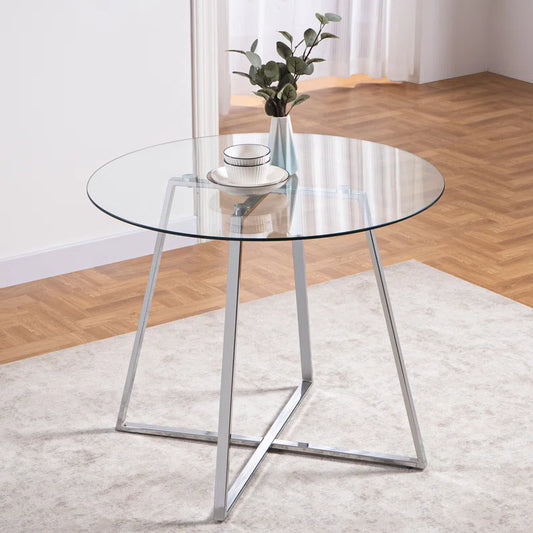 Round Glass Dining Room Table, Elegant Design Kitchen Table For 2 Or 4 Persons, Modern Table With Tempered Glass Tabletop And Sturdy Metal Frame For Dining Room And Kitchen Room