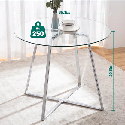 Round Glass Dining Room Table, Elegant Design Kitchen Table For 2 Or 4 Persons, Modern Table With Tempered Glass Tabletop And Sturdy Metal Frame For Dining Room And Kitchen Room