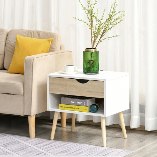 Set of 2 Bedside Table with Drawer and Shelf, Modern Nightstand, End Table for Bedroom, White