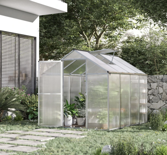 8' x 6' x 6.4' Walk-in Garden Greenhouse Polycarbonate Panels Plants Flower Growth Shed Cold Frame Outdoor Portable Warm House Aluminum Frame