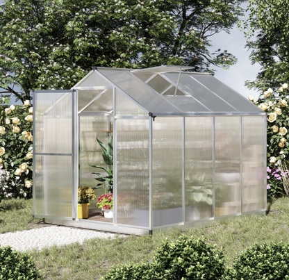 8' x 6' x 6.4' Walk-in Garden Greenhouse Polycarbonate Panels Plants Flower Growth Shed Cold Frame Outdoor Portable Warm House Aluminum Frame