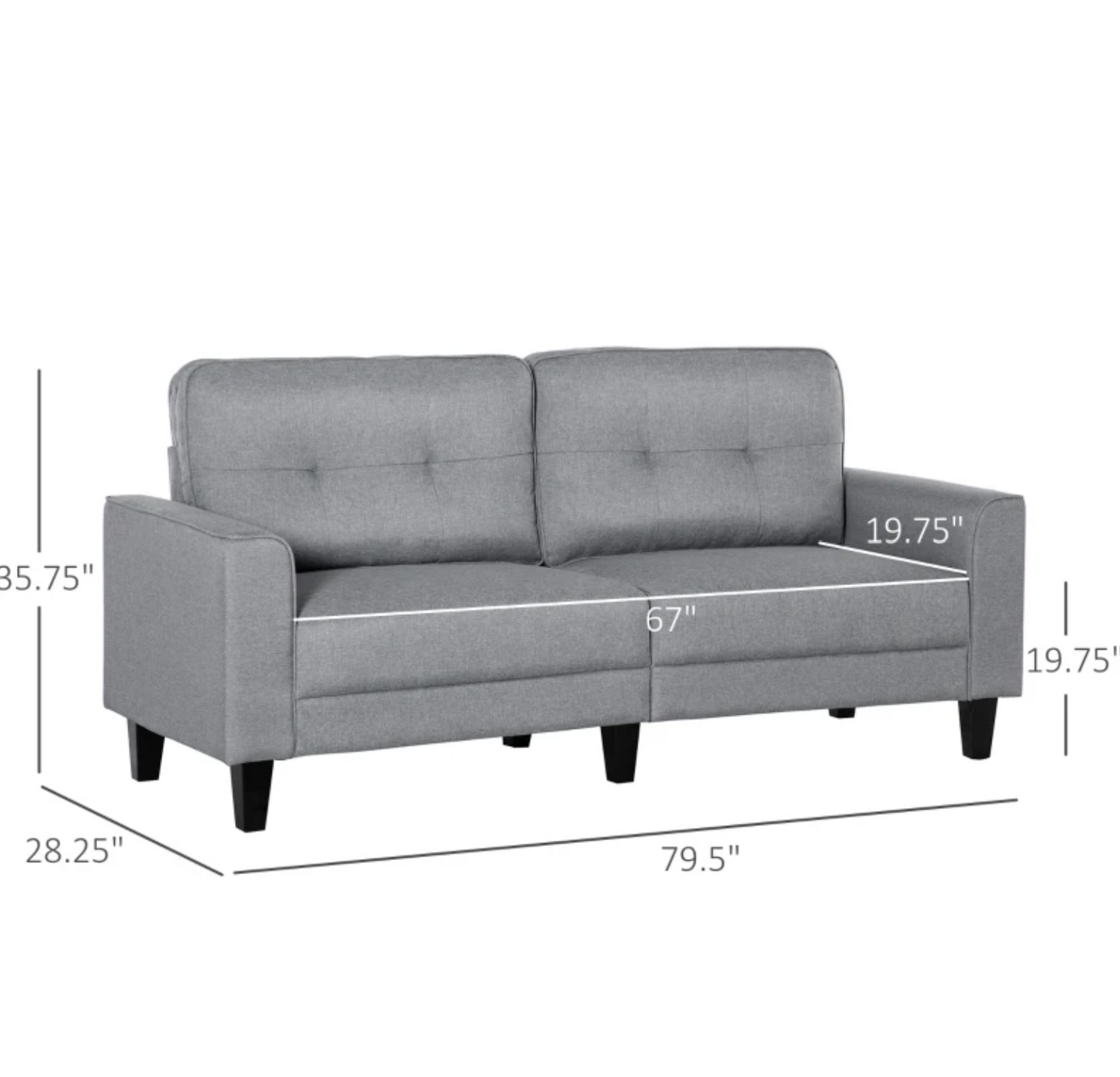 3-Seater Sofa, Mid-Century Linen Couch with Upholstered Seat, Button-Tufted Back Cushion and Rubber Wood Legs for Living Room, Bedroom, Gray