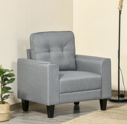 Button Tufted Armchair Modern Single Sofa Chair Upholstered Accent Chair with Rubber Wood Legs and Thick Padding Mid-Back for Living Room and Bedroom, Grey