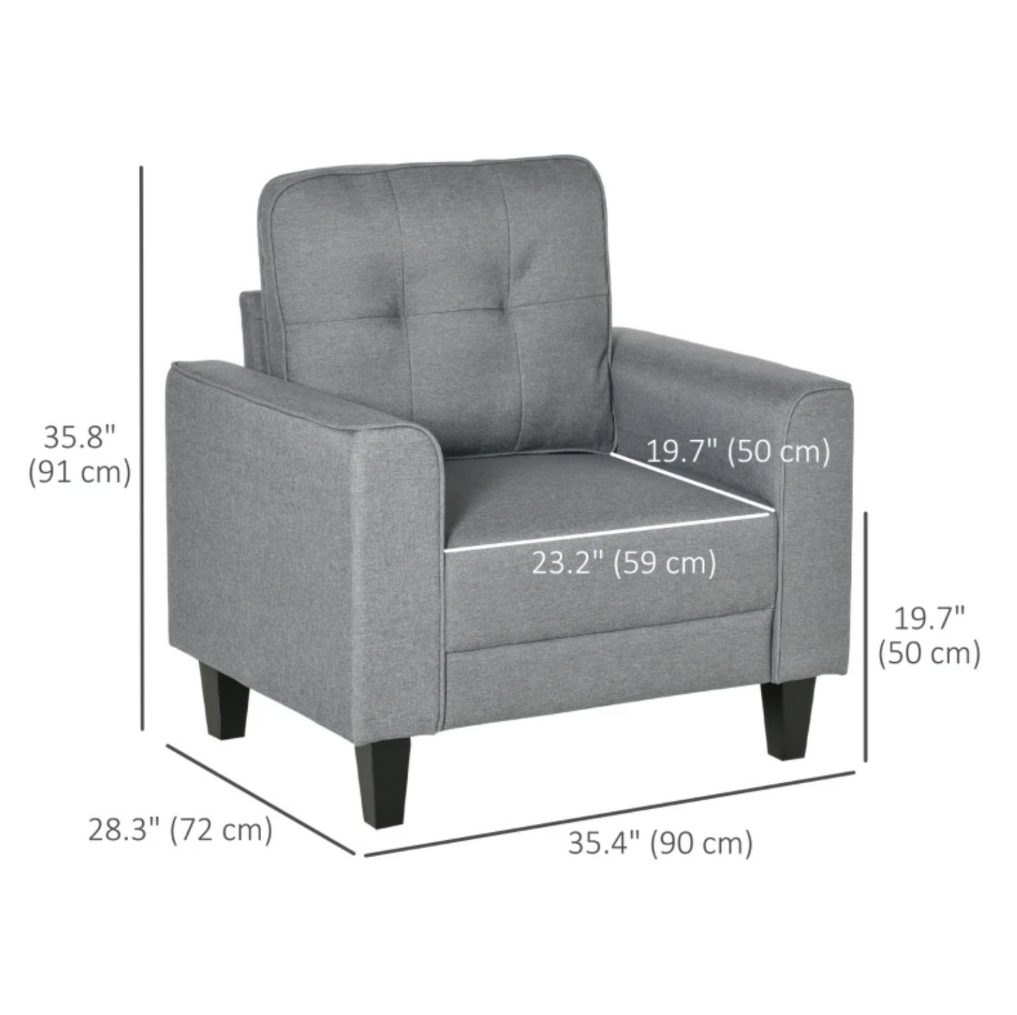 Button Tufted Armchair Modern Single Sofa Chair Upholstered Accent Chair with Rubber Wood Legs and Thick Padding Mid-Back for Living Room and Bedroom, Grey