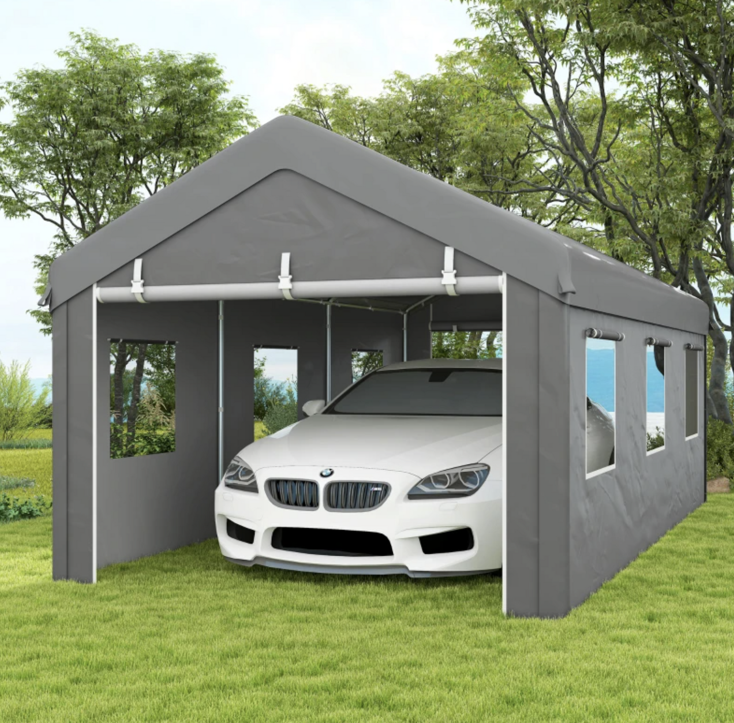 10' x 20' Carport, Heavy Duty Portable Garage with 6 Mesh Windows and 2 Doors, Grey