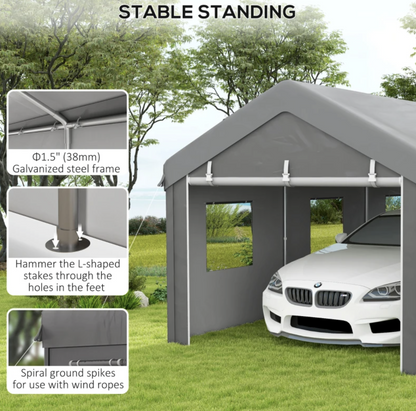 10' x 20' Carport, Heavy Duty Portable Garage with 6 Mesh Windows and 2 Doors, Grey