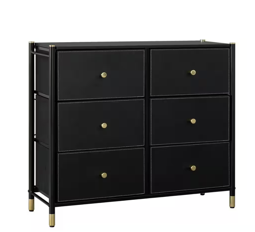 Black Luxury PU Leather 6-Drawer Dresser with Gold Accents