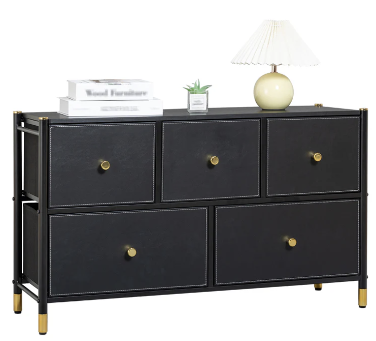 Black Luxury PU Leather 5-Drawer Dresser with Gold Accents