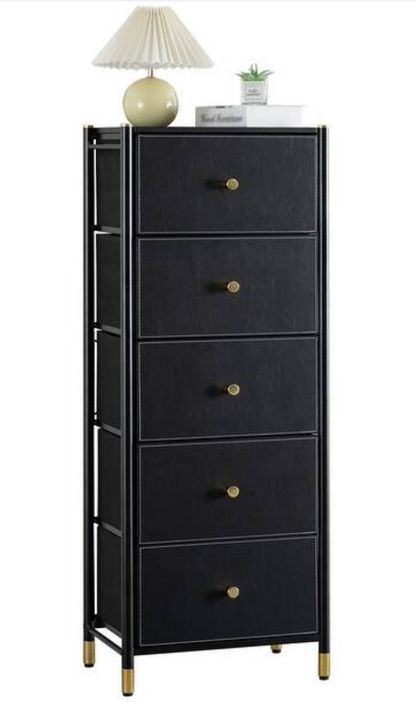 Black Luxury PU Leather 5-Drawer Tall Dresser with Gold Accents