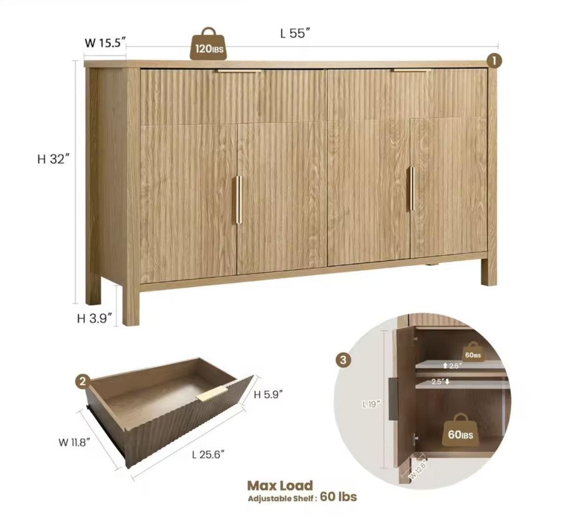 55" Oak Chest of Drawers with Fluted Detailing | 4-Door Storage Sideboard & Buffet Cabinet Multi Market World Inc.