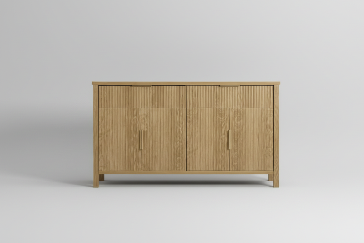 55" Oak Chest of Drawers with Fluted Detailing | 4-Door Storage Sideboard & Buffet Cabinet Multi Market World Inc.