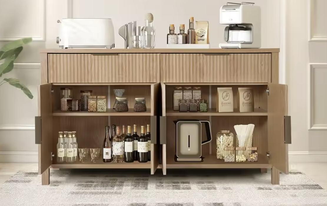 55" Oak Chest of Drawers with Fluted Detailing | 4-Door Storage Sideboard & Buffet Cabinet Multi Market World Inc.