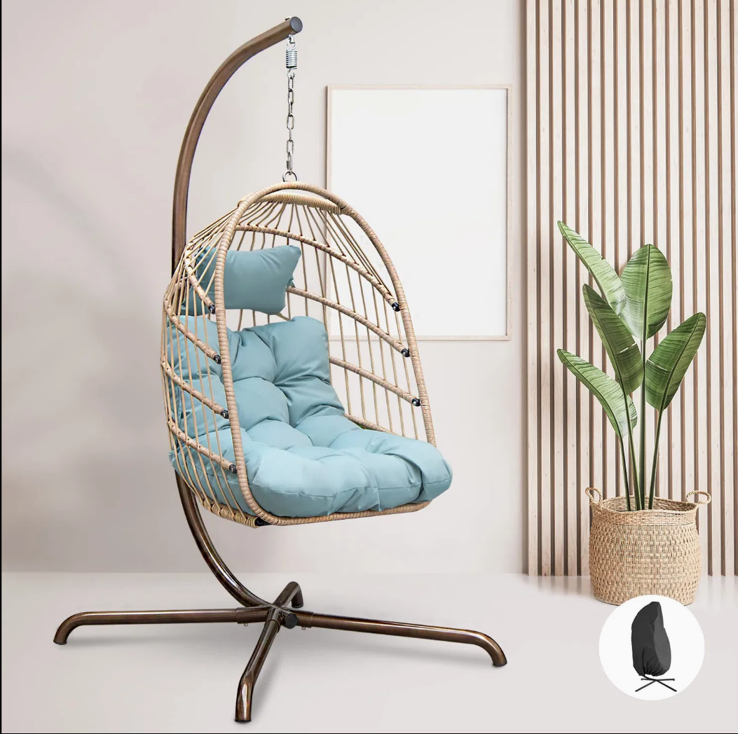 Hanging Egg Chair with Stand, Swinging Wicker Chair with Breathable Cushions Multi Market World Inc.