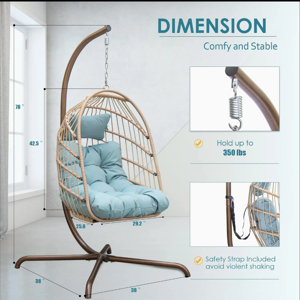 Hanging Egg Chair with Stand, Swinging Wicker Chair with Breathable Cushions Multi Market World Inc.