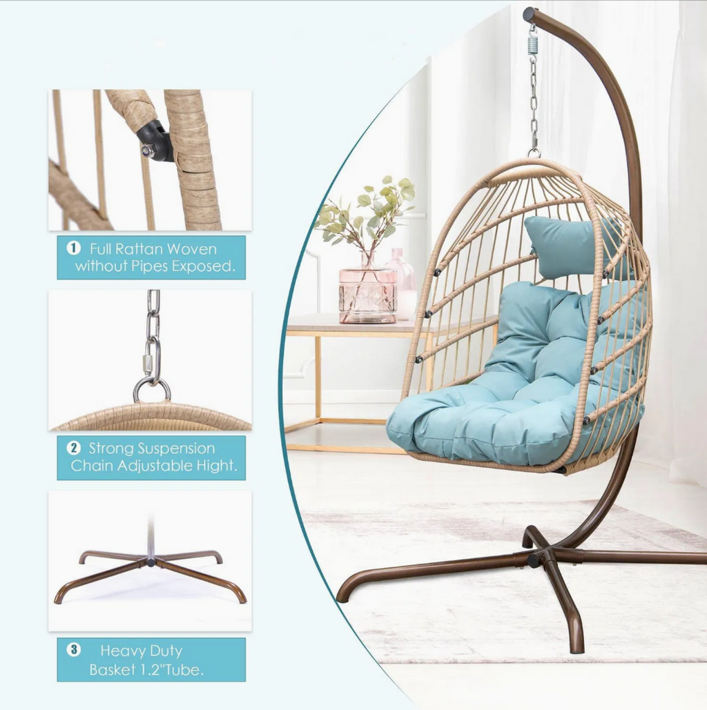 Hanging Egg Chair with Stand, Swinging Wicker Chair with Breathable Cushions Multi Market World Inc.