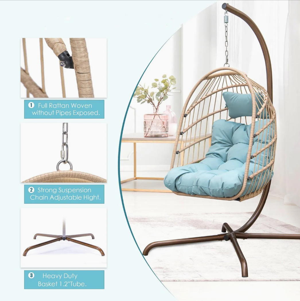 Hanging Egg Chair with Stand, Swinging Wicker Chair with Breathable Cushions Multi Market World Inc.