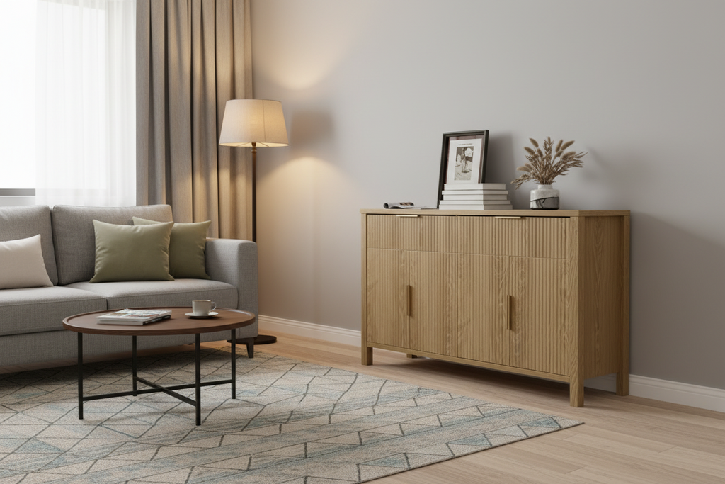 55" Oak Chest of Drawers with Fluted Detailing | 4-Door Storage Sideboard & Buffet Cabinet Multi Market World Inc.