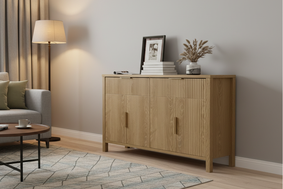 Wooden sideboard with decorative items on a white background
