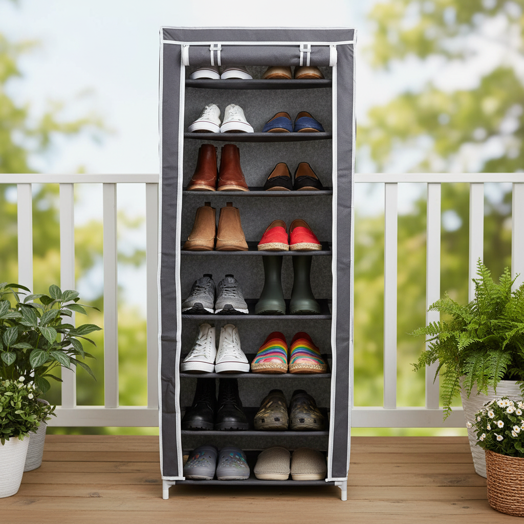 Fabric Shoe Cabinet with Cover,  162 x 57 x 29 cm, Grey Multi Market World Inc.