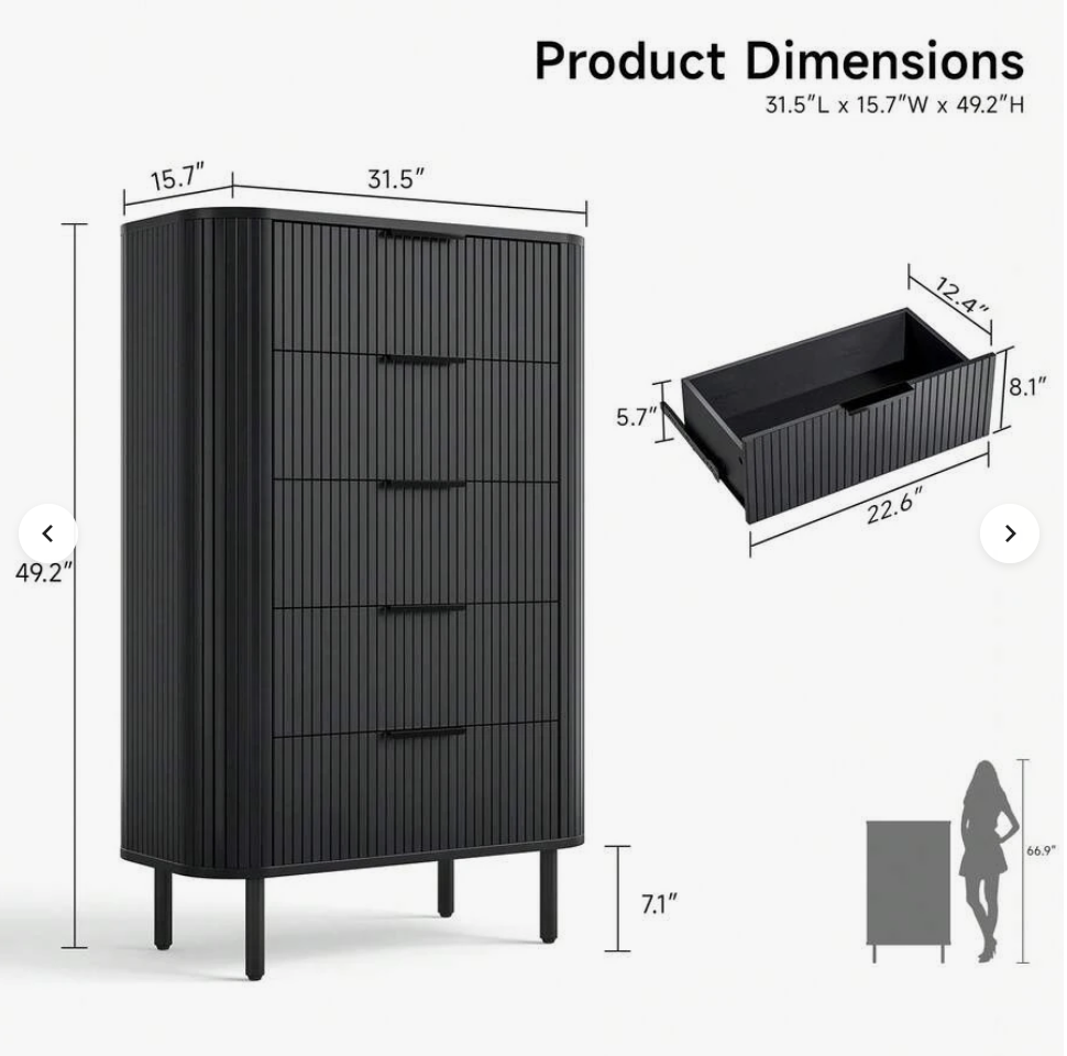 Black Fluted 5-Drawer Chest - Curved Tall Dresser Cabinet with Legs Multi Market World Inc.