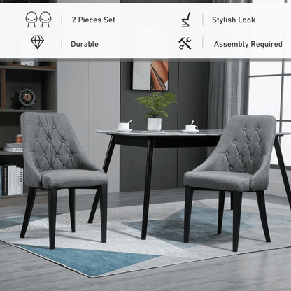 Set of 2 Modern Style Dining Chairs, Button Tufted High Back Side Chairs with Upholstered Seat, Steel Legs for Living Room, Kitchen, Study, Dark Grey