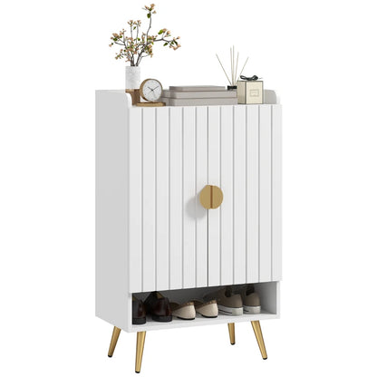 Entryway Shoe Storage Cabinet, Narrow Shoe Cabinet with Adjustable Shelves and Open Shelf for 15 Pairs of Shoes, White