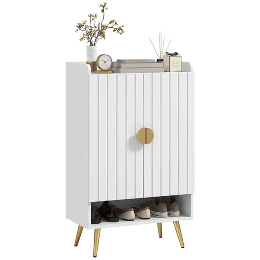 Entryway Shoe Storage Cabinet, Narrow Shoe Cabinet with Adjustable Shelves and Open Shelf for 15 Pairs of Shoes, White