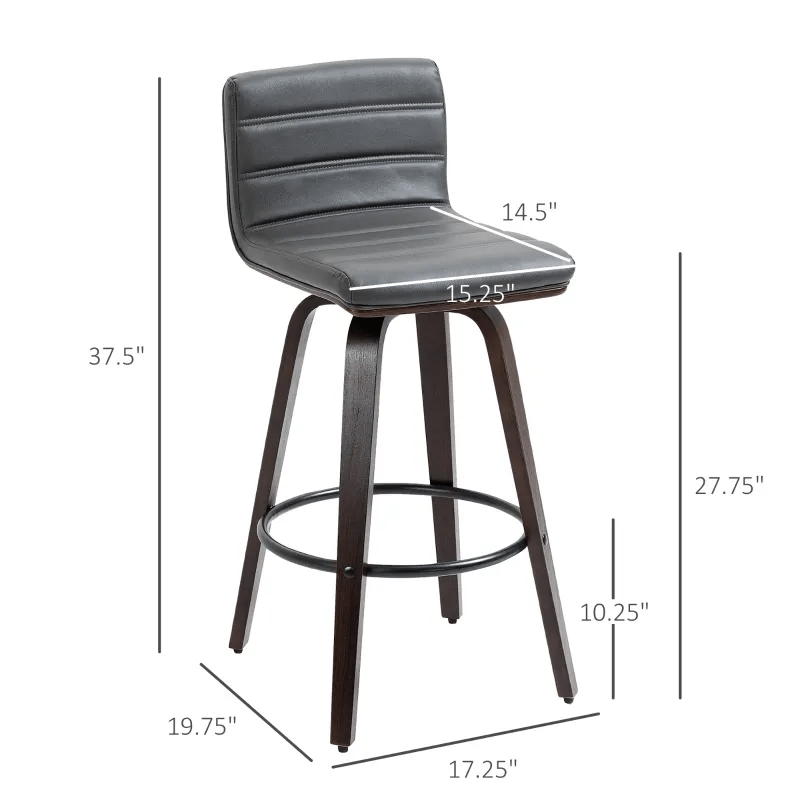 28" Swivel Bar Set of 2 Height Bar Stools, Armless Upholstered Barstools Chairs with Soft Padding Seat and Wood Legs, Grey