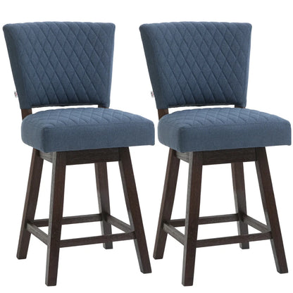 Swivel Bar Stools Set of 2, Counter Height Barstools with Back, Rubber Wood Legs and Footrests, for Kitchen, Dining Room, Pub, Dark Blue