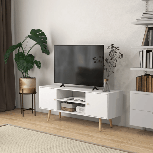 TV Stand Cabinet for TVs up to 55 Inches, Entertainment Unit with Storage Shelves and Wood Legs for Living Room