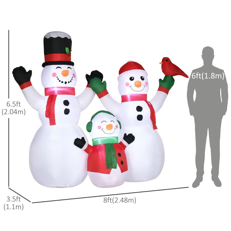 8ft Inflatable Christmas Snowman Family with A Red Bird, Blow-Up Outdoor LED Yard Display for Lawn Garden Party